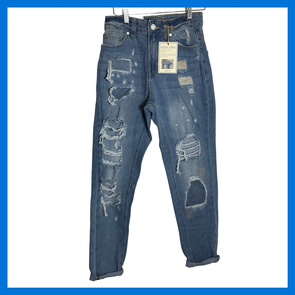 Indigo Rein Mom Fit Distressed Jeans Medium Wash High Rise Size 3 W25 L27 NEW